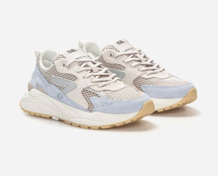 HUB Grid sneaker dames bruin lichtblauw – comfortabele sneaker met uitneembare zool